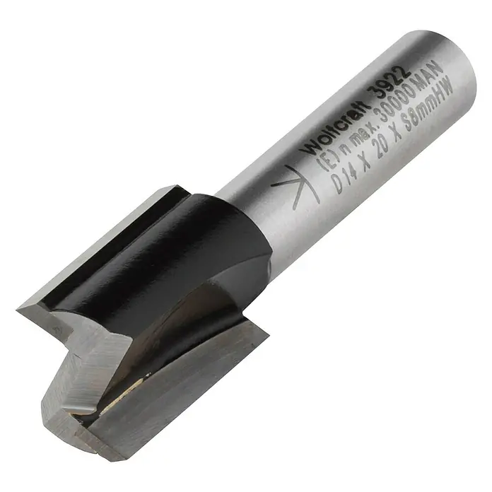 Wolfcraft Nutfräser - Nutbreite: 14 mm, Durchmesser Schaft: 8 mm - Das Bild zeigt einen Wolfcraft 3922 Nutfräser, ein Werkzeug zum präzisen Bearbeiten von Holz mit einer maximalen Drehzahl von 30000 U/min.