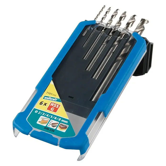 Wolfcraft Bohrer-Set - Materialeignung: Stahl, 6 -tlg. - Wolfcraft 7101000 HSS-G Bohrer-Set mit 6 Spiralbohrern in den Größen Ø 2/3/4/5/6/8 mm, ideal für Metall, Kunststoff und Nichteisenmetalle.
