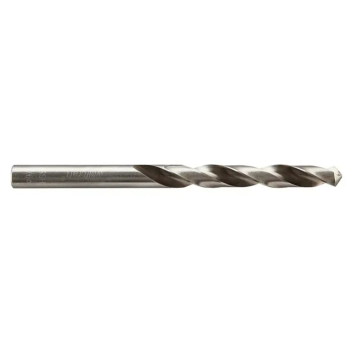 Wolfcraft Metallbohrer - 1 Stk., Durchmesser Bohrer: 9 mm, HS-Stahl - Nahaufnahme eines silbernen Spiralbohrers der Marke Workraft mit spiralförmigen Schneiden vor schwarzem Hintergrund.