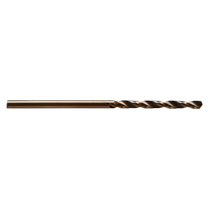 Wolfcraft Metallbohrer - 1 Stk., Durchmesser Bohrer: 2 mm, HSS-Co - Nahaufnahme eines einzelnen spiralverzahnten Bohrers mit einer goldenen Beschichtung auf einem schwarzen Hintergrund.