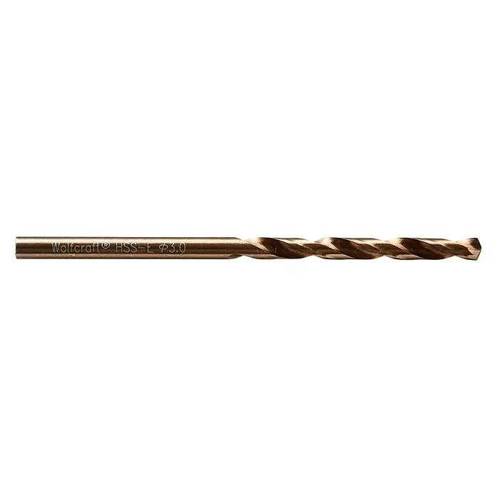 Wolfcraft Metallbohrer - 1 Stk., Durchmesser Bohrer: 3 mm, HSS-Co - Nahaufnahme eines Wolfcraft HSS-E Ø3.0 Spiralbohrers, ideal für präzise Bohrungen in Metall und anderen Materialien.