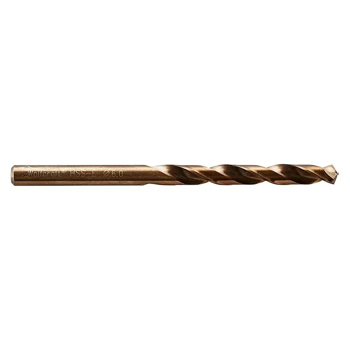 Wolfcraft Metallbohrer - 1 Stk., Durchmesser Bohrer: 6 mm, HSS-Co - Nahaufnahme eines Wolfcraft HSS-E Spiralbohrers Ø 6.0. Der Bohrer ist golden und hat eine spiralförmige Schneide.