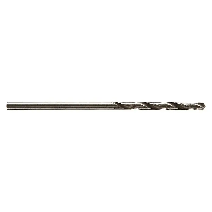 Wolfcraft Metallbohrer - 3 Stk., Durchmesser Bohrer: 2 mm, HS-Stahl - Nahaufnahme eines Spiralbohrers mit einer glänzenden Oberfläche und spiralförmigen Rillen.
