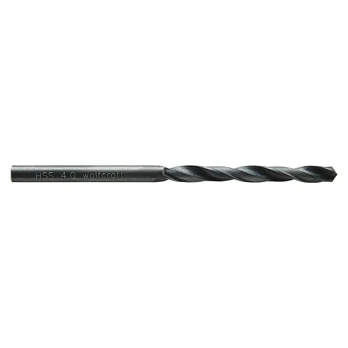 Wolfcraft Metallbohrer rollgewalzt - 1 Stk., Durchmesser Bohrer: 4 mm - Nahaufnahme eines Wolfcraft HSS 4.0 Spiralbohrers auf schwarzem Hintergrund, ideal zum Bohren in verschiedenen Materialien.