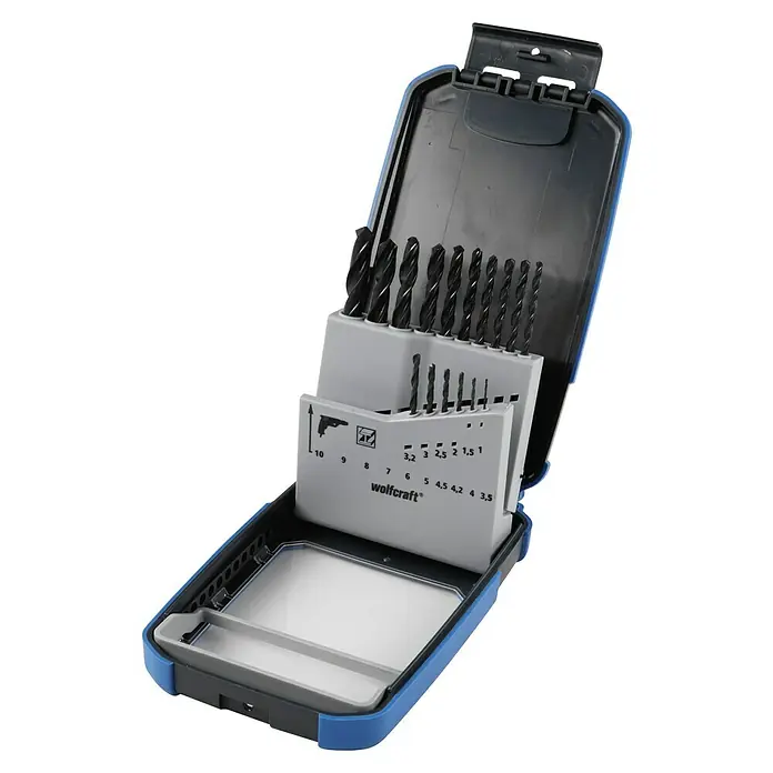 Wolfcraft Metallbohrer rollgewalzt - Durchmesser Bohrer: 10 mm - Ein Wolfcraft-Bohrer-Set in einem blauen Kunststoffkoffer mit verschiedenen Bohrern und Größen für unterschiedliche Bohranwendungen.