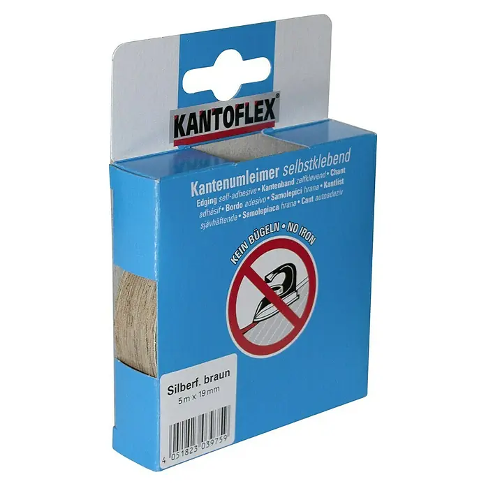 Kantoflex Umleimer - Silberfichte Braun, 5 m x 19 mm - Kantenband "Silberf. braun", 5 m x 19 mm, selbstklebend, mit "Kein Bügeln"-Hinweis, ideal für schnelle Kantenreparaturen ohne Bügeleisen.