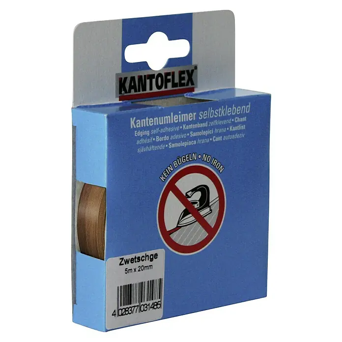 Kantoflex Umleimer - Zwetschge, 5 m x 19 mm - Kantenband „Zwetschge“ selbstklebend, 5 m x 20 mm, auf einer blauen Papprolle, mit Hinweis „Kein Bügeln“.