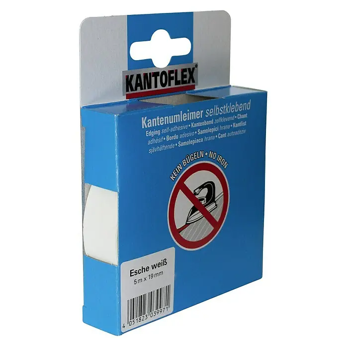Kantoflex Umleimer - Esche Weiß, 5 m x 19 mm - Bild einer KANTOflex-Kantenrolle in Weißesche, selbstklebend, 5 m x 19 mm, mit dem Hinweis „Kein Bügeln“.
