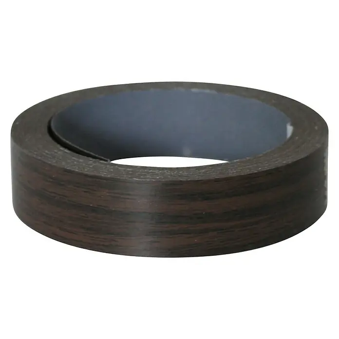 Kantoflex Umleimer - Wenge/Eiche Mokka, 5 m x 19 mm - Nahaufnahme einer Rolle Holzmaserungskantenanleimer, die für ein sauberes Finish auf Möbeln und Schränken sorgt. Ideal für Heimwerkerprojekte.