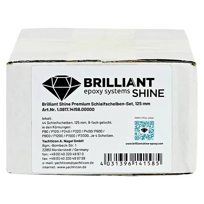 Schleifscheiben Brilliant Shine - Durchmesser: 125 mm, 44 -tlg., Geeignet für: Epoxidharz - Weiße Box mit Etikett für Brilliant Shine Premium Schleifscheiben-Set, 125 mm.
