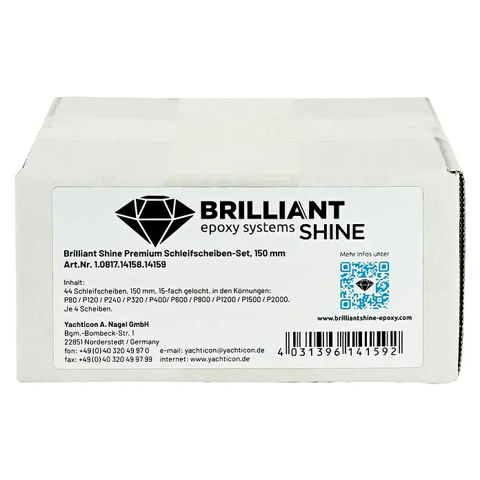Schleifscheiben Brilliant Shine - Durchmesser: 150 mm, 44 -tlg., Geeignet für: Epoxidharz - Abbildung einer Packung Brilliant Shine Premium Schleifscheiben-Set, 150 mm, ideal zum Schleifen von Epoxidharzoberflächen.