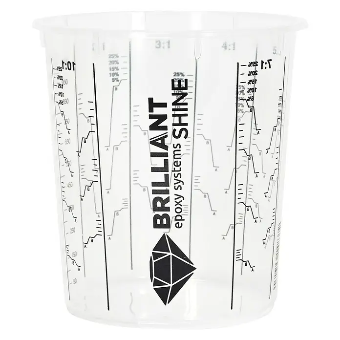 Mixbecher Brilliant Shine - 1.300 ml, Geeignet für: Epoxidharz - Ein Messbecher mit dem Aufdruck "Brilliant Epoxy Systems Shine", der zum genauen Abmessen von Epoxidharz dient.