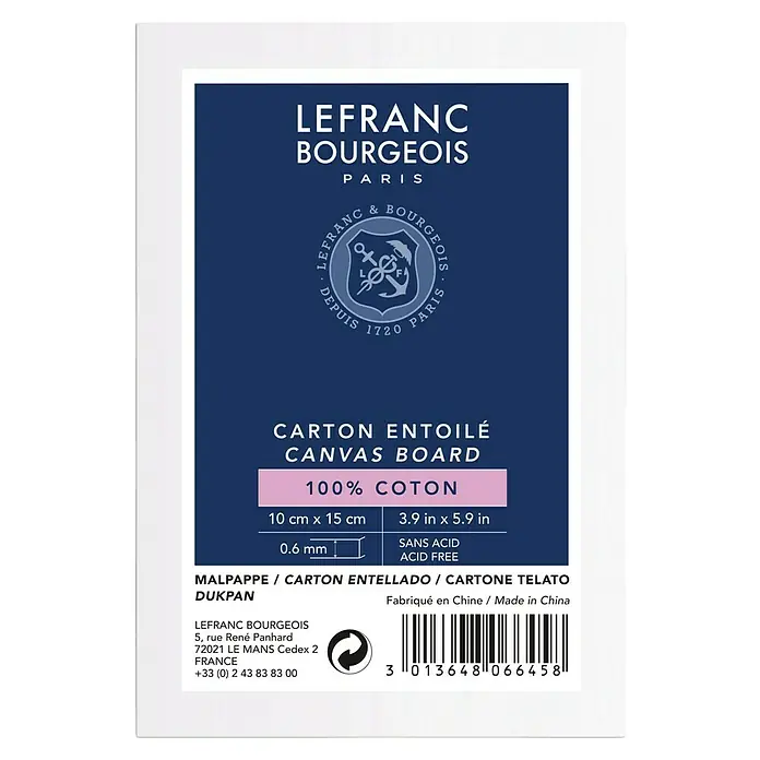 Lefranc & Bourgeois Malpappe Louvre - 10 x 15 cm, 280 g/m² - Produktbild einer LEFRANC BOURGEOIS Leinwandplatte, 10 x 15 cm, mit der Aufschrift "100% Baumwolle" und Herstellerinformationen.