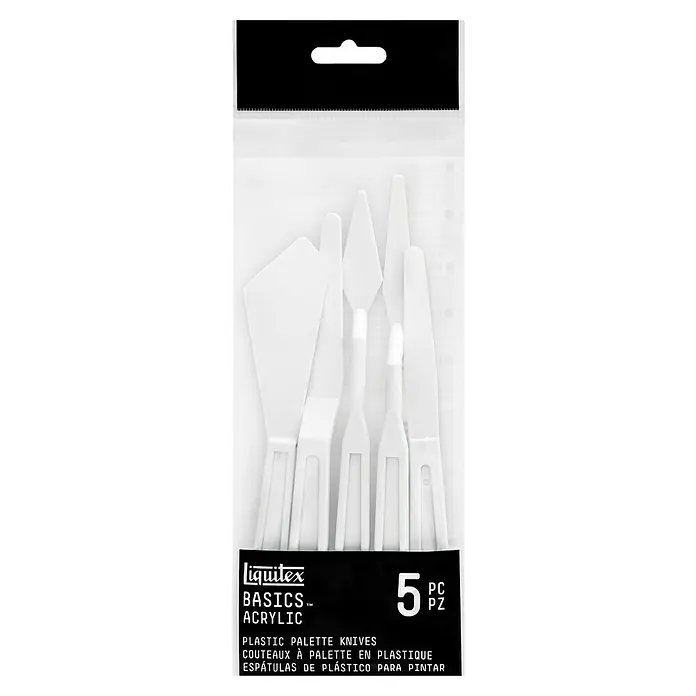 Liquitex Basics Palettenmesser-Set - Kunststoff, 5 -tlg. - Abbildung einer Packung Liquitex Basics Acrylic Kunststoff-Palettmesser mit 5 Stück für den künstlerischen Gebrauch.