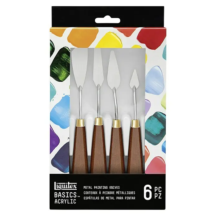 Liquitex Basics Malmesser-Set - Metall, 6 -tlg. - Ein Set mit sechs Liquitex Basics Acryl Malmessern mit Holzgriffen für Künstler und Hobbybastler.