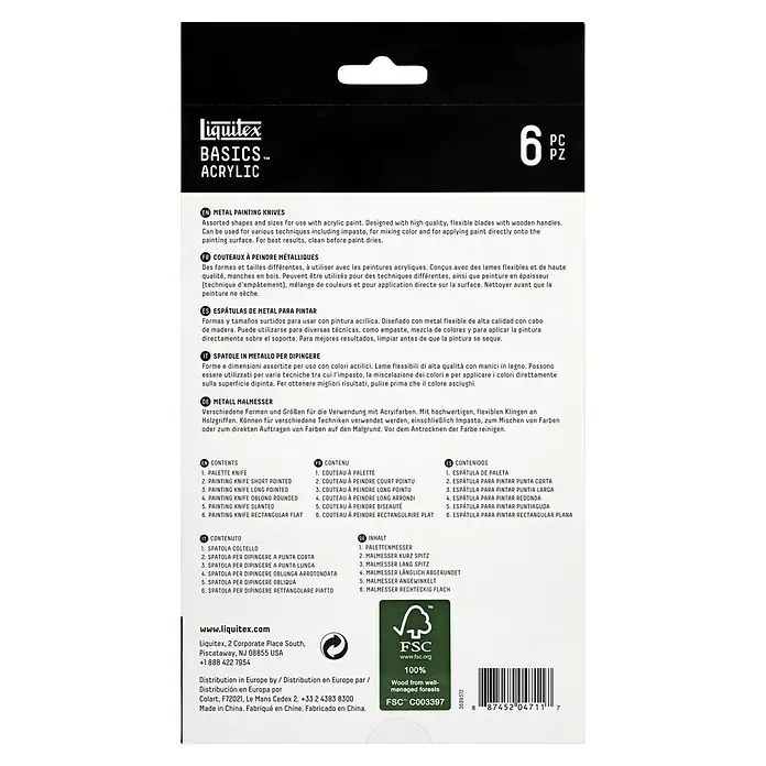 Liquitex Basics Malmesser-Set - Metall, 6 -tlg. - Liquitex Basics Malmesser-Set mit 6 Teilen. Zum Auftragen und Mischen von Acrylfarben, ideal für Künstler und Hobbyanwender.