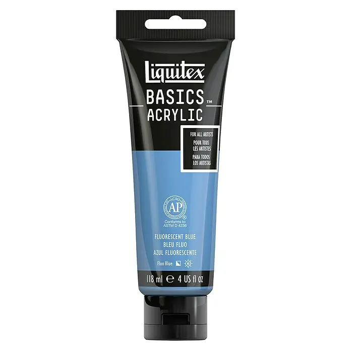 Liquitex Basics Acrylfarbe - Blau Fluoreszierend, 118 ml - Liquitex Basics Acrylfarbe in fluoreszierendem Blau. Ideal für Künstler, mit 118 ml Inhalt. Perfekt für leuchtende Kunstwerke.