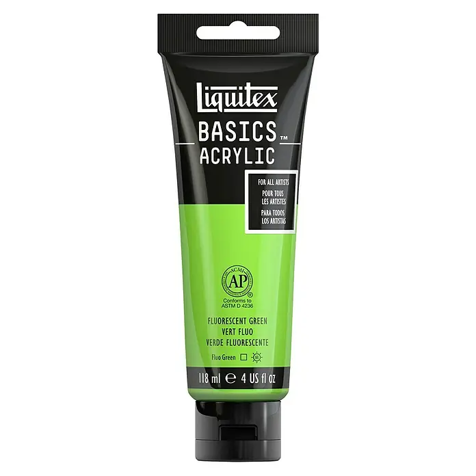 Liquitex Basics Acrylfarbe - Grün Fluoreszierend, 118 ml - Eine Tube Liquitex Basics Acrylfarbe in Fluoreszierendem Grün, ideal für Künstler, mit 118 ml Inhalt für lebendige Kunstprojekte.