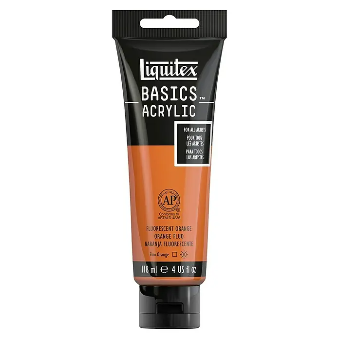 Liquitex Basics AcrylfarbeOrange Fluoreszierend, 118 ml - Eine Tube Liquitex Basics Acrylfarbe in fluoreszierendem Orange, ideal für Künstler, mit 118 ml Inhalt.