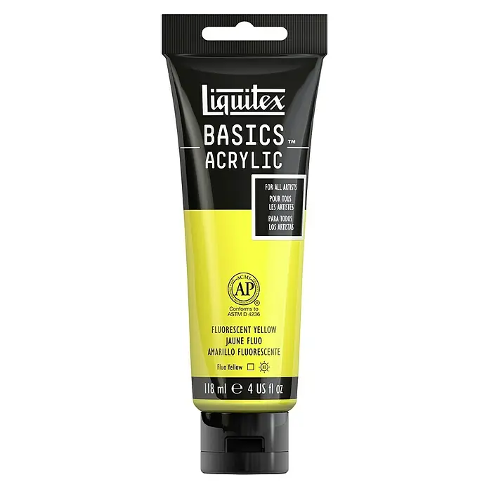 Liquitex Basics Acrylfarbe - Gelb Fluoreszierend, 118 ml - Eine Tube Liquitex Basics Acrylfarbe in der Farbe Fluorescent Yellow, ideal für Künstler, die leuchtende Farben suchen.