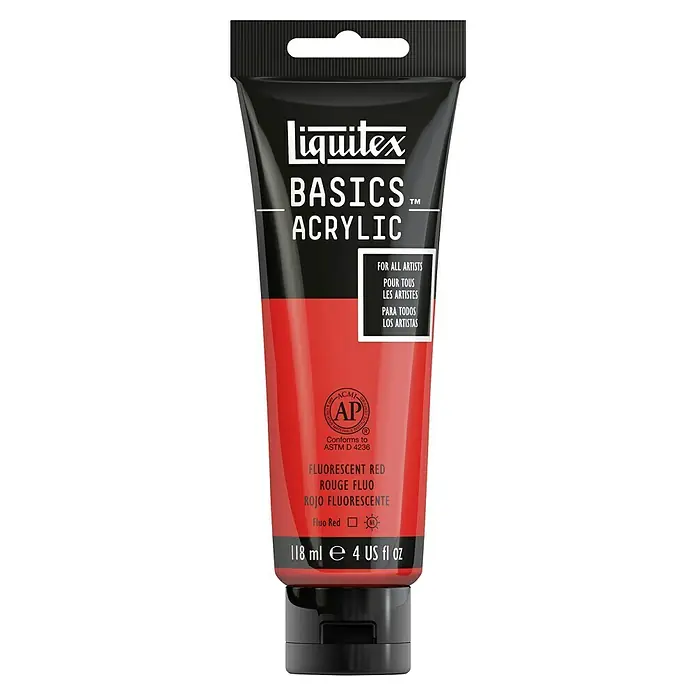 Liquitex Basics Acrylfarbe - Rot Fluoreszierend, 118 ml - Eine Tube Liquitex Basics Acrylfarbe in fluoreszierendem Rot, ideal für Künstler, mit 118ml Inhalt.