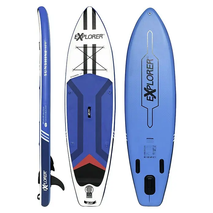 Explorer SUP-Board-Set Sunshine 10.0 - L x B x H: 305 x 81 x 15 cm, Nutzlast: 150 kg, Aufblasbar, Blau/Weiß - Drei Ansichten eines aufblasbaren, blauen 'Explorer Sunshine 10'0"'-Stand-Up-Paddleboards, das für Wassersport und Freizeitaktivitäten konzipiert ist.