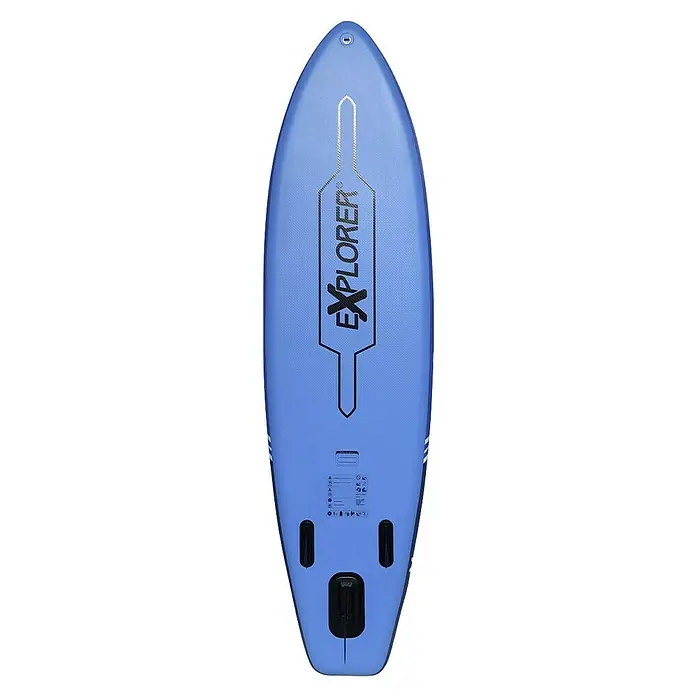 Explorer SUP-Board-Set Sunshine 10.0 - L x B x H: 305 x 81 x 15 cm, Nutzlast: 150 kg, Aufblasbar, Blau/Weiß - Ein blaues Explorer-Stand-Up-Paddle-Board, ideal für Wassersport und Freizeitaktivitäten. Mit Explorer-Logo und Finnen für Stabilität.