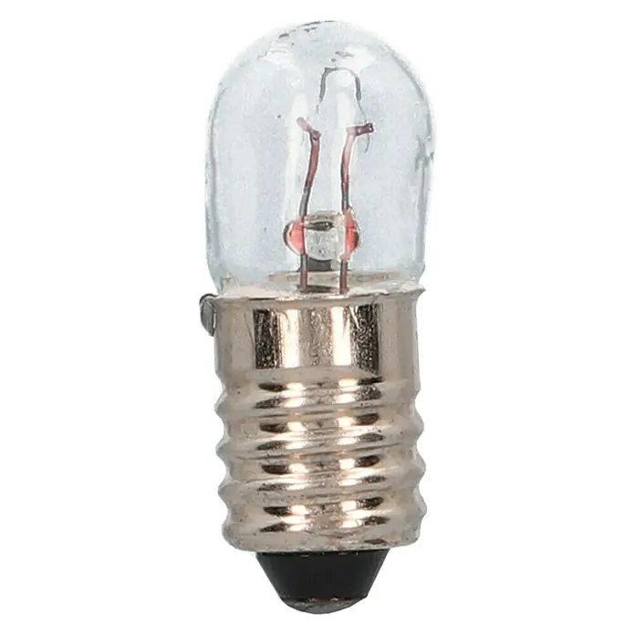 Profi Depot Glühlampe - E10, 12 V, 1 Stk. - Nahaufnahme einer klaren Glühbirne mit einem Metallfuß, die die interne Glühwendel zeigt, ideal für Miniaturbeleuchtungsanwendungen.