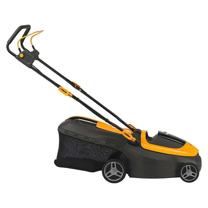 Stiga Akku-Rasenmäher Collector 140e - 2 Akkus, 4 Ah, Schnittbreite: 38 cm - Ein Rasenmäher in Schwarz und Gelb mit einem Fangkorb und einem verstellbaren Griff. Ideal für kleine bis mittelgroße Gärten.