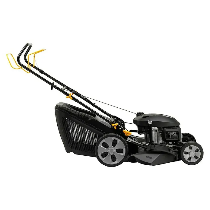 Alpina Benzin-Rasenmäher AL4 51 SHQ - 2,75 kW, 145 cm³, Schnittbreite: 51 cm - Schwarzer Rasenmäher mit gelben Akzenten, ideal für die Gartenpflege. Er ist robust und benutzerfreundlich.