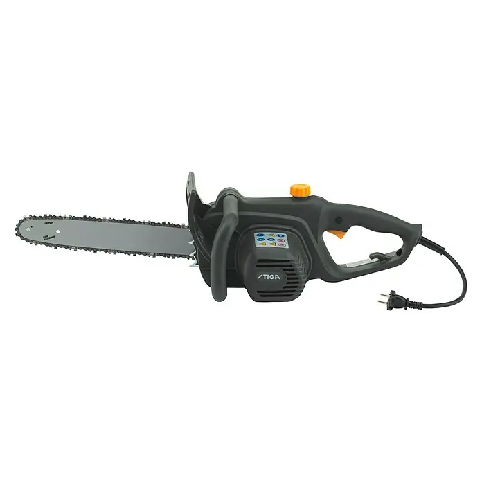 Stiga Elektro-Kettensäge CS 118c - 1.800 W, Schwertlänge: 35 cm - Eine graue elektrische Kettensäge der Marke Stiga ist auf einem schwarzen Hintergrund zu sehen.