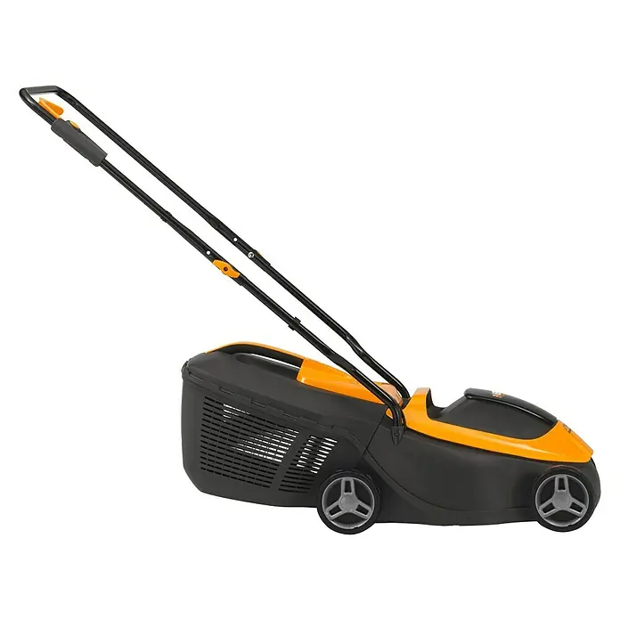 Stiga Akku-Rasenmäher Collector 132e - 1 Akku, 4 Ah, Schnittbreite: 30 cm - Ein schwarzer und orangefarbener Rasenmäher mit einem Fangkorb. Perfekt für die Rasenpflege, ist er ein unverzichtbares Gartengerät.