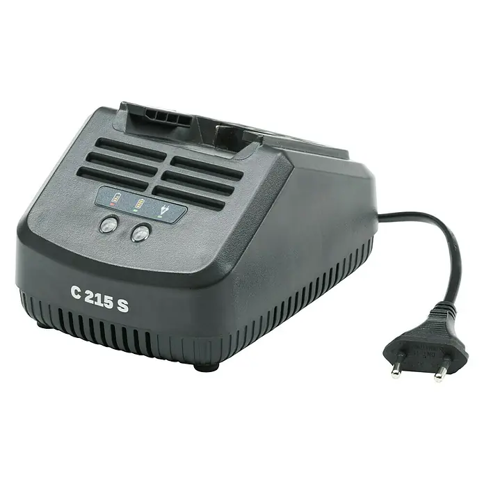 Stiga Cargador C215S - Específico para: Baterías de la serie Stiga 100 / Baterías de la serie Alpina 20 V - Esta imagen presenta un cargador de batería C 215 S de color gris oscuro con ventilaciones y luces indicadoras sobre una superficie negra.