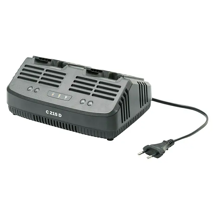 Stiga Cargador dual C215D - Específico para: Baterías de la serie Stiga 100 / Baterías de la serie Alpina 20 V - En la imagen, se ve un cargador negro "C 215 D" con aletas de refrigeración y un enchufe europeo sobre un fondo negro.