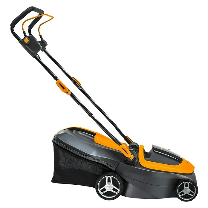 Stiga Akku-Rasenmäher Collector 136e - 2 Akkus, 2 Ah, Schnittbreite: 34 cm - Ein akkubetriebener Rasenmäher mit Grasfangkorb in Grau und Orange. Ideal für kleine bis mittelgroße Gärten.