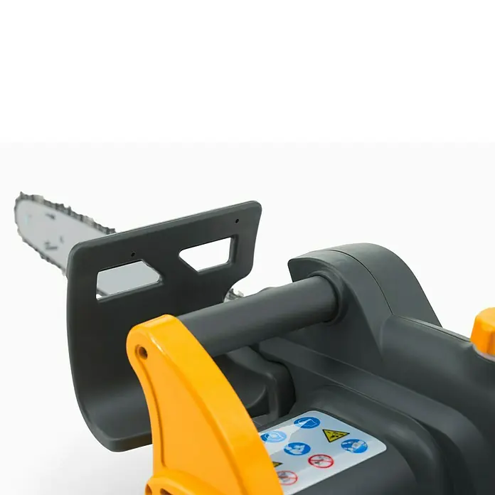 Stiga Elektro-Kettensäge CS 122c - 2.200 W, Schwertlänge: 40 cm - Nahaufnahme einer Kettensäge mit gelbem Griff und grauen Details.