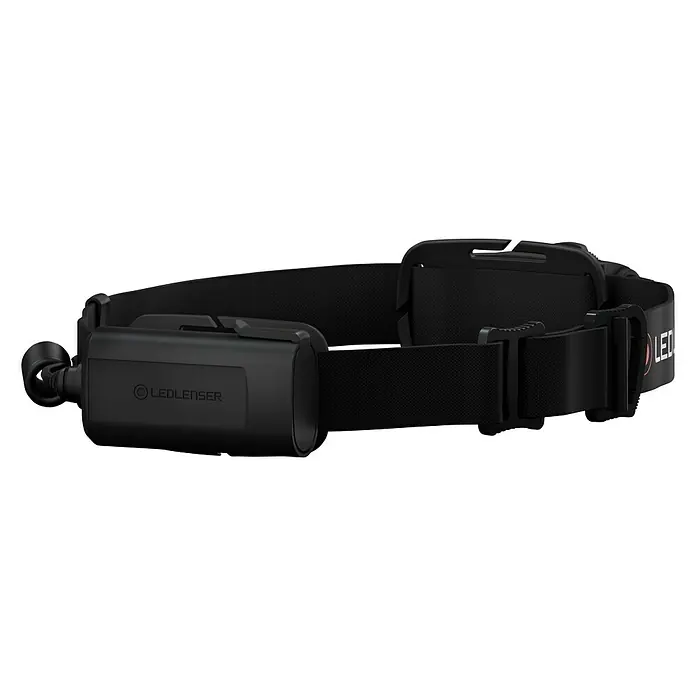 Ledlenser Stirnlampe H5 Core - 15 lm - 350 lm, IP67 - Nahaufnahme einer schwarzen Ledlenser Stirnlampe mit verstellbarem Kopfband, ideal für Outdoor-Aktivitäten und Abenteuer im Dunkeln.