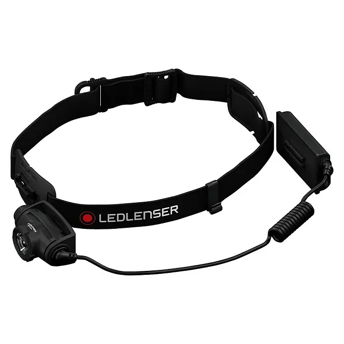 Ledlenser Stirnlampe H5 Core - 15 lm - 350 lm, IP67 - Nahaufnahme einer schwarzen Ledlenser Stirnlampe mit verstellbarem Kopfband und Batteriepack für Outdoor-Aktivitäten.