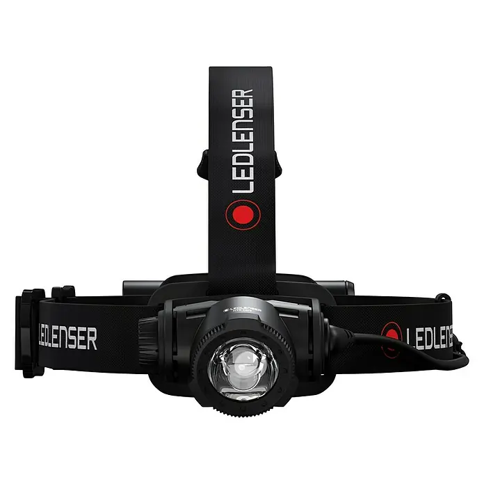 Ledlenser Stirnlampe H7R Core - 15 lm - 1.000 lm, IP67 - Nahaufnahme einer Ledlenser Stirnlampe mit schwarzem Stirnband, ideal für Outdoor-Aktivitäten und Abenteuer.