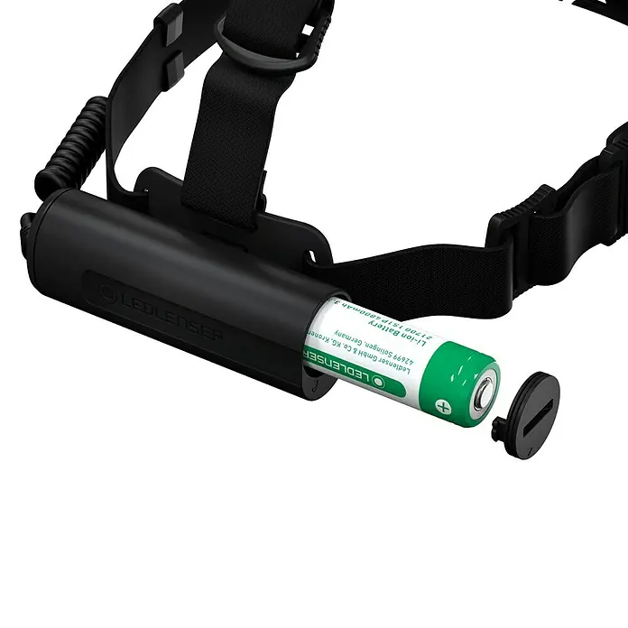 Ledlenser Stirnlampe H7R Core - 15 lm - 1.000 lm, IP67 - Das Bild zeigt eine Ledlenser Stirnlampe mit Akku. Die Lampe ist schwarz und hat ein verstellbares Kopfband.