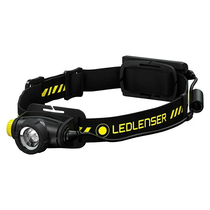 Ledlenser Stirnlampe H5R Work - 15 lm - 500 lm, IP67 - Schwarze LED-Stirnlampe von Ledlenser mit gelben Akzenten für Outdoor-Aktivitäten und Abenteuer.