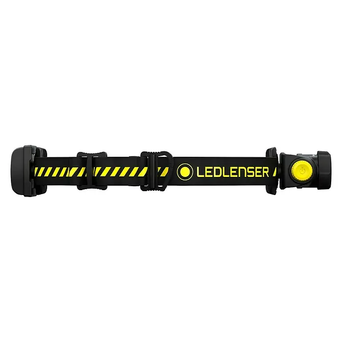 Ledlenser Stirnlampe H5R Work - 15 lm - 500 lm, IP67 - Das Bild zeigt eine Ledlenser Stirnlampe mit gelben Akzenten auf einem schwarzen Hintergrund. Die Lampe ist zentral platziert.