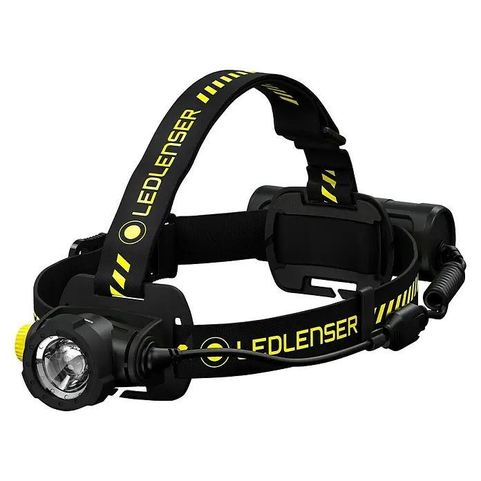 Ledlenser Stirnlampe H7R Work - 15 lm - 1.000 lm, IP67 - Schwarze Ledlenser Stirnlampe mit gelbem Schriftzug und Akku. Ideal für Outdoor-Aktivitäten, bietet eine gute Sicht bei Dunkelheit.