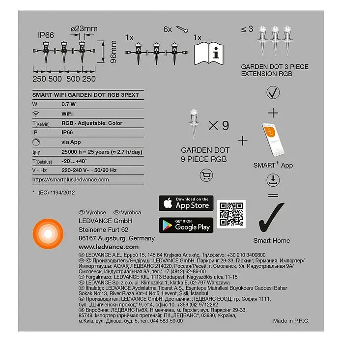 Ledvance Smart+ LED-Panel Gardenspot Mini RGBW 3ST - Dimmbarkeit: Dimmbar, Durchmesser: 23 mm, Leuchtmittel: LED, IP65, II - LEDVANCE Smart WiFi Garden Dot RGB 3PEXT: Abmessungen, Funktionen und Smart Home Integration der Gartenbeleuchtung.