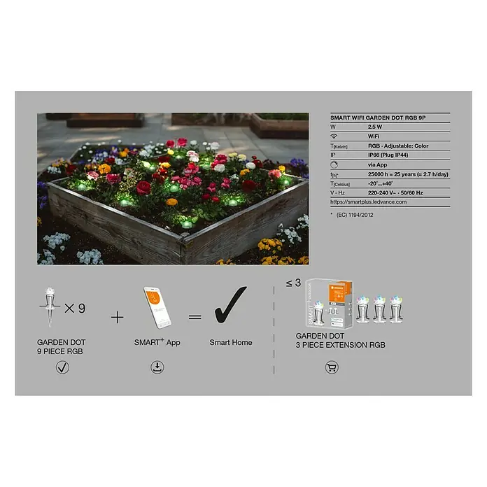 Ledvance Smart+ LED-Außenstrahler Gardenspot Mini RGBW 9 - 7,5 W, IP65, 9 Stk. - Intelligente WLAN-Gartenpunkt RGB 9P und 3P Erweiterung RGB mit App Steuerung, ideal für die Gartenbeleuchtung.