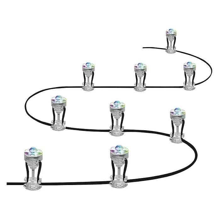 Ledvance Smart+ LED-Außenstrahler Gardenspot Mini RGBW 9 - 7,5 W, IP65, 9 Stk. - Lichterkette mit farbigen LED-Leuchten, verbunden durch ein Kabel, ideal für die dekorative Beleuchtung im Innen- und Außenbereich.