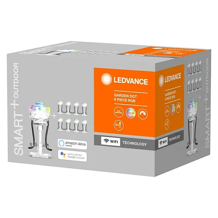 Ledvance Smart+ LED-Außenstrahler Gardenspot Mini RGBW 9 - 7,5 W, IP65, 9 Stk. - Die Verpackung der LEDVANCE Garden Dot 9er RGB Gartenbeleuchtung.