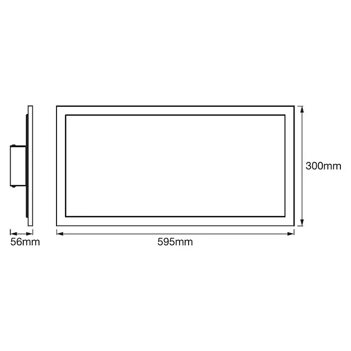 Ledvance Smart+ WiFi LED-Panel Planon Plus - L x B x H: 595 x 300 x 56 mm, Weiß, Warmweiß - Abbildung eines rechteckigen LED-Panels mit den Maßen 595 mm x 300 mm und einer Tiefe von 56 mm. Technische Zeichnung mit Maßangaben.