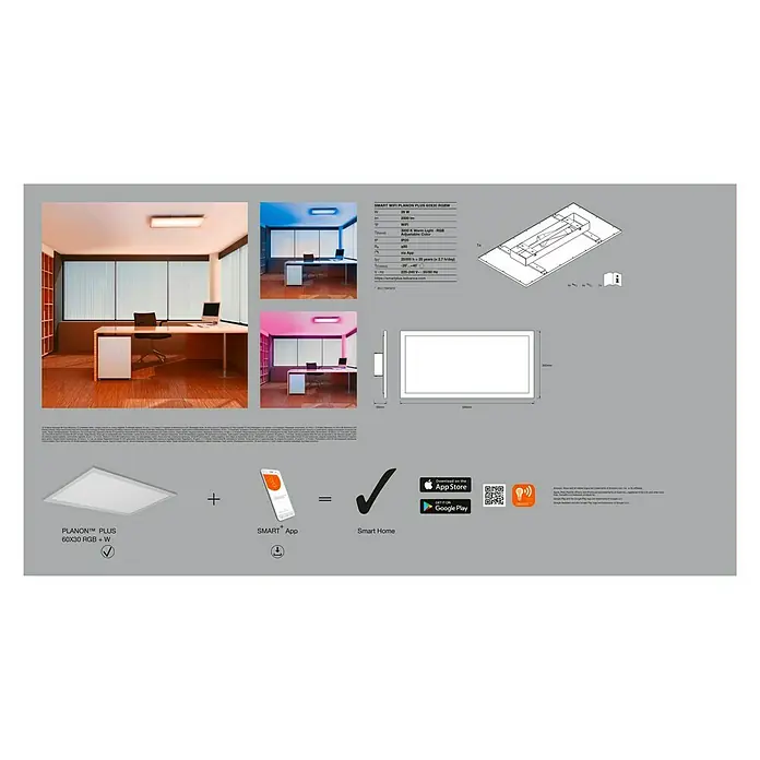 Ledvance Smart+ WiFi LED-Panel Planon Plus - L x B x H: 595 x 300 x 56 mm, Weiß, RGBW - Produktinformationen für PLANON™ PLUS 60X30 RGB + W LED-Panel, steuerbar über SMART App. Ideal für Smart Home Integration mit App Store/Google Play.