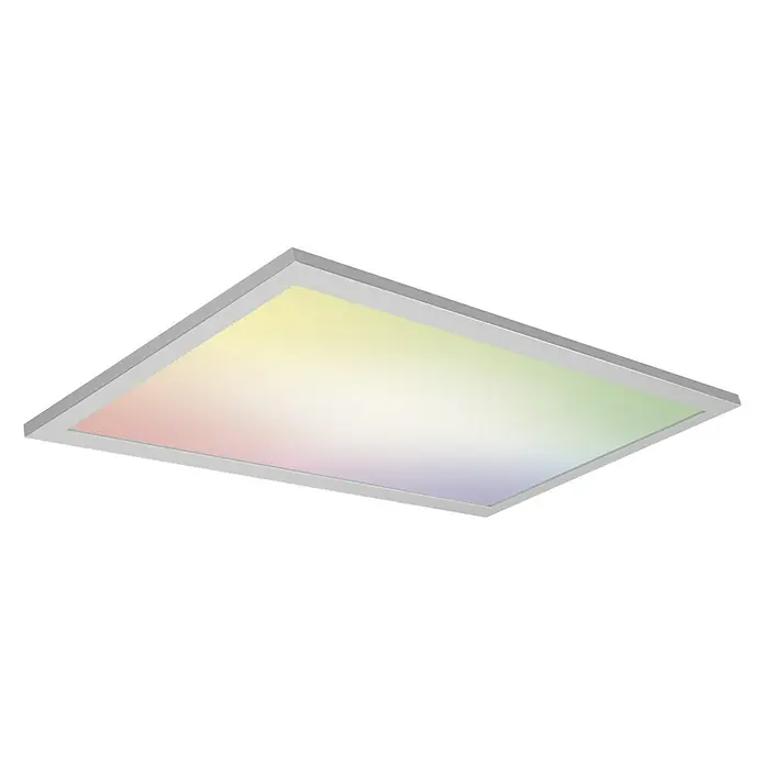 Ledvance Smart+ WiFi LED-Panel Planon Plus - L x B x H: 595 x 300 x 56 mm, Weiß, RGBW - Eine flache LED-Deckenleuchte mit Farbverlauf von Rosa, Gelb und Grün, umgeben von einem schlichten weißen Rahmen, ideal für moderne Innenräume.